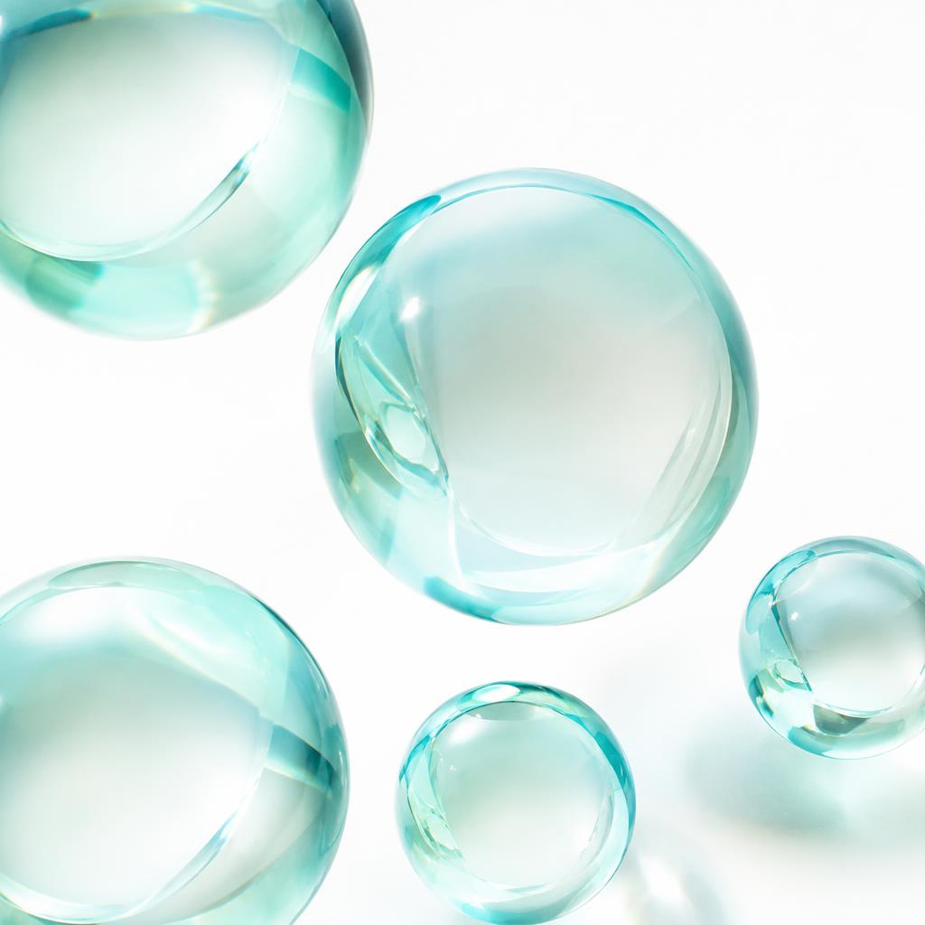 Abstract translucent glass spheres floating on white