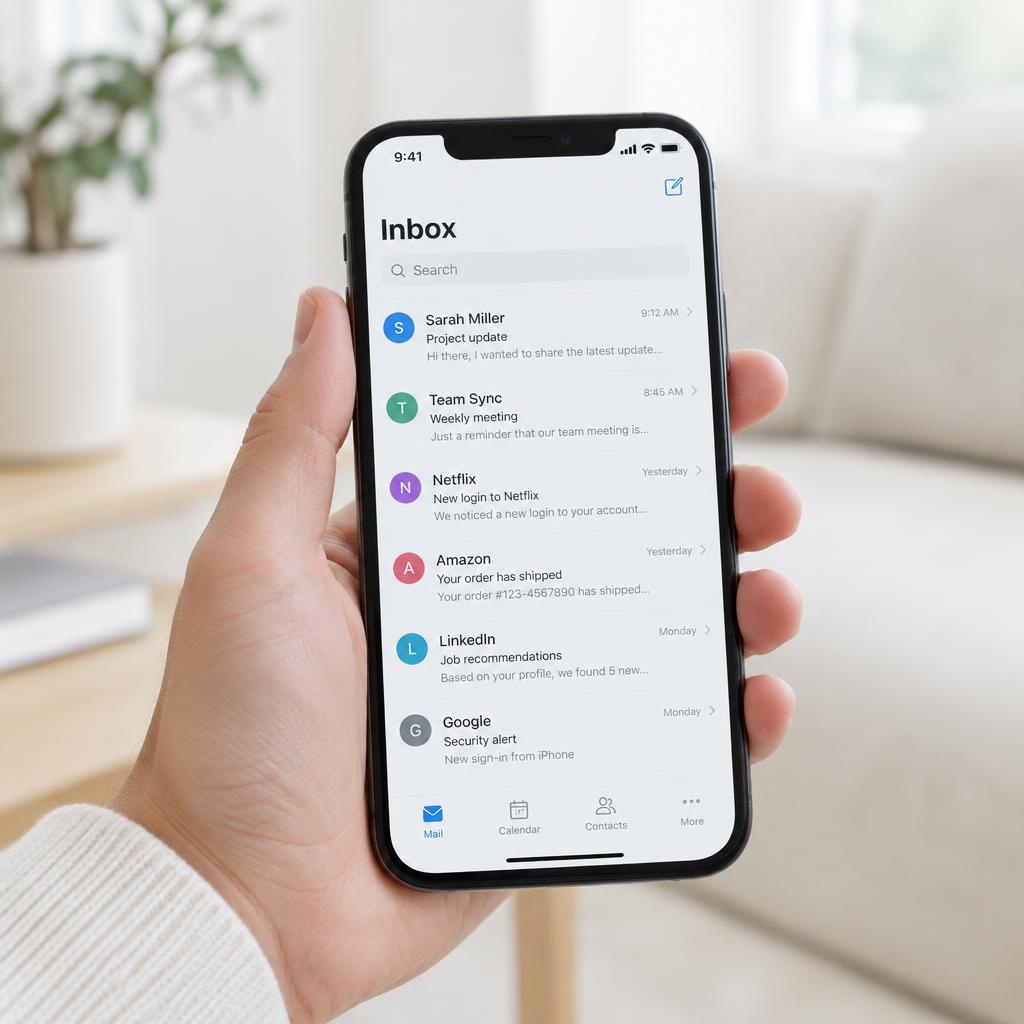 Hand holding a smartphone showing a clean email inbox in daylight
